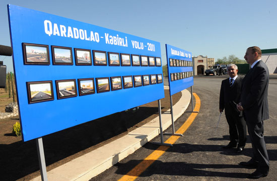 Azərbaycan Prezidenti Ağcabədi-Qaradolaq-Kəbirli avtomobil yolunun 24,5 kilometrlik hissəsinin yenidənqurmadan sonra açılışında iştirak edib (FOTO)
