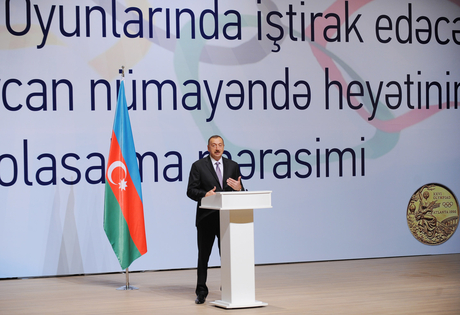 Azərbaycan Prezidenti və xanımı Olimpiya Oyunlarında iştirak edəcək nümayəndə heyətinin yola salınması mərasimində iştirak ediblər (FOTO)
