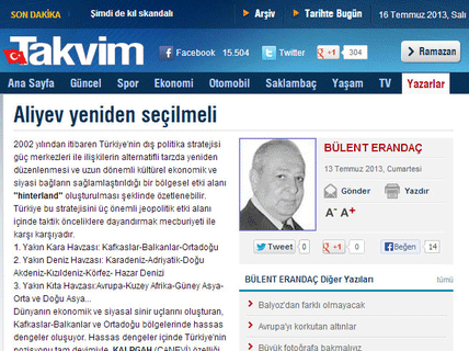 Türkiyənin “Takvim” qəzetində “İlham Əliyev yenidən seçilməlidir” sərlövhəli məqalə dərc edilib