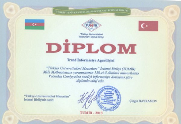 Trend vətəndaş cəmiyyətinə göstərdiyi informasiya dəstəyinə görə diplomla mükafatlandırılıb