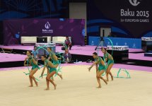 I Avropa Oyunları çərçivəsində azərbaycanlı gimnastlar lentlə hərəkət üzrə qrup yarışlarında çıxış edib (FOTO)