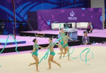 I Avropa Oyunları çərçivəsində azərbaycanlı gimnastlar lentlə hərəkət üzrə qrup yarışlarında çıxış edib (FOTO)