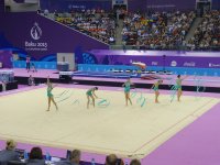 I Avropa Oyunları çərçivəsində azərbaycanlı gimnastlar lentlə hərəkət üzrə qrup yarışlarında çıxış edib (FOTO)