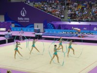 I Avropa Oyunları çərçivəsində azərbaycanlı gimnastlar lentlə hərəkət üzrə qrup yarışlarında çıxış edib (FOTO)