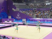 I Avropa Oyunları çərçivəsində azərbaycanlı gimnastlar lentlə hərəkət üzrə qrup yarışlarında çıxış edib (FOTO)