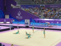 I Avropa Oyunları çərçivəsində azərbaycanlı gimnastlar lentlə hərəkət üzrə qrup yarışlarında çıxış edib (FOTO)