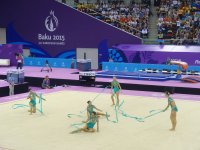 I Avropa Oyunları çərçivəsində azərbaycanlı gimnastlar lentlə hərəkət üzrə qrup yarışlarında çıxış edib (FOTO)
