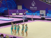 I Avropa Oyunları çərçivəsində azərbaycanlı gimnastlar lentlə hərəkət üzrə qrup yarışlarında çıxış edib (FOTO)