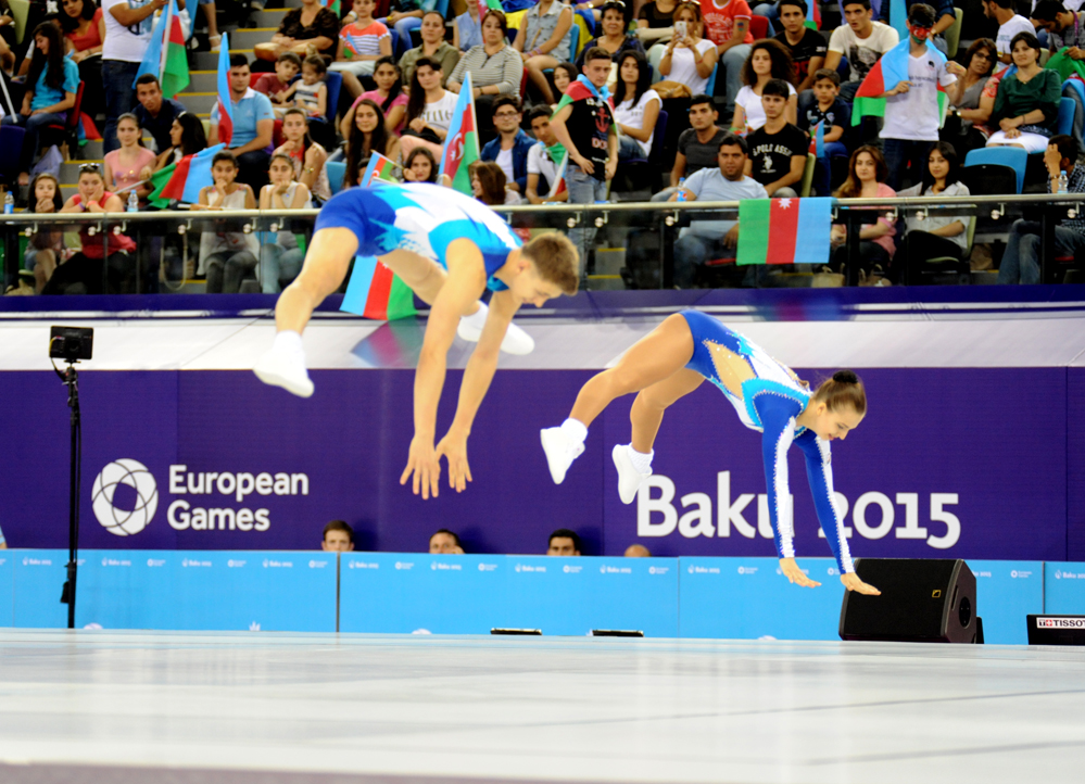 Avropa Oyunlarında aerobika gimnastikası üzrə qarışıq cütlüklərin təsnifat yarışları keçirilir (FOTO)