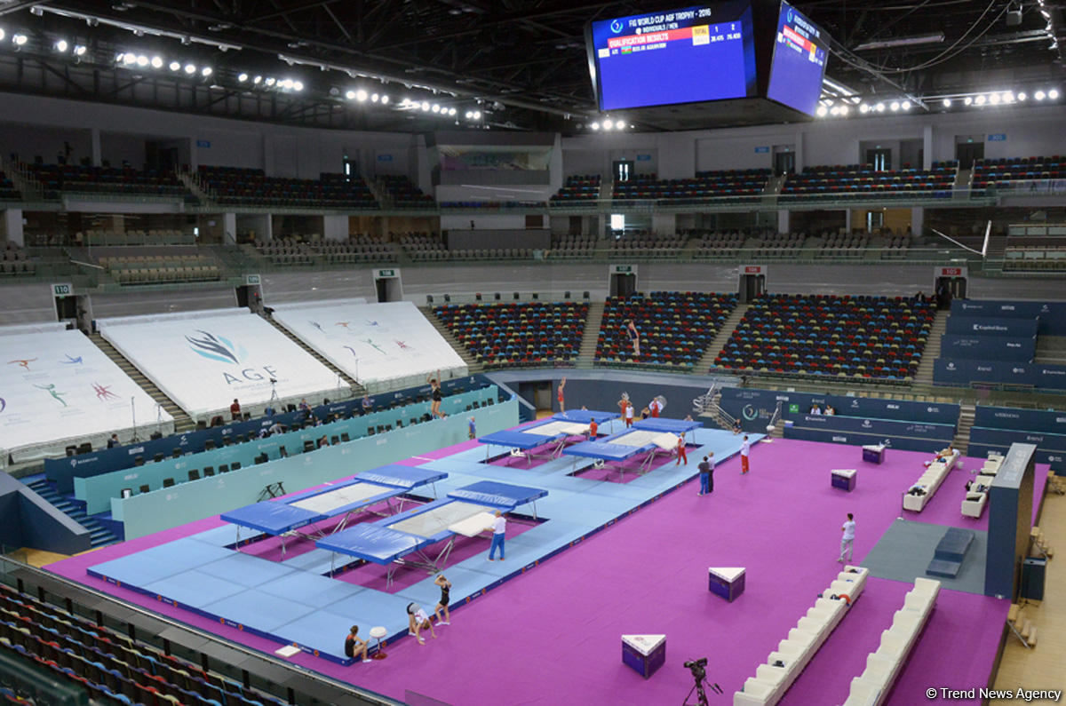 Bakıda batut gimnastikası üzrə Dünya Kubokunda iştirak edəcək idmançıların podium məşqləri (FOTO)