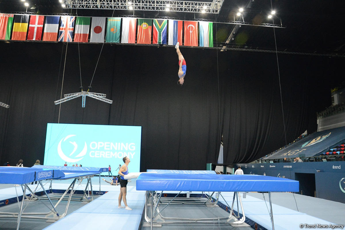 Bakıda Milli Gimnastika Arenasında batut gimanstikası və tamblinq üzrə Dünya Kuboku iştirakçılarının sınaq məşqi keçirilib FOTOREPORTAJ