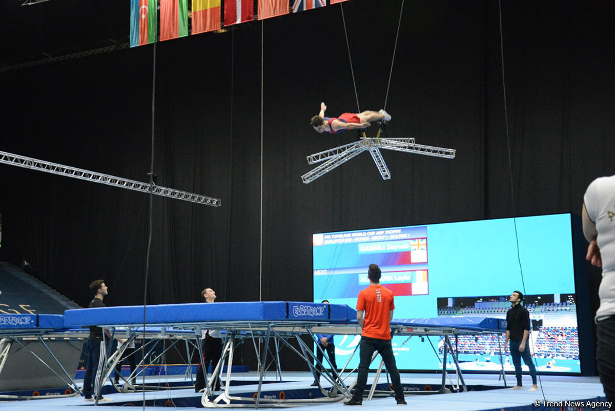 Bakıda Milli Gimnastika Arenasında batut gimanstikası və tamblinq üzrə Dünya Kuboku iştirakçılarının sınaq məşqi keçirilib FOTOREPORTAJ