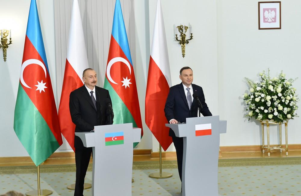 Azərbaycan və Polşa Prezidentləri mətbuata bəyanatlarla çıxış ediblər (YENİLƏNİB) (FOTO)