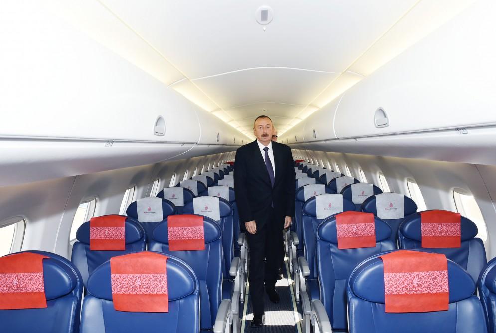 Prezident İlham Əliyev "Buta Airways" aviaşirkətinin Bakıya gətirilən ilk "Embraer 190" təyyarəsi ilə tanış olub (FOTO)