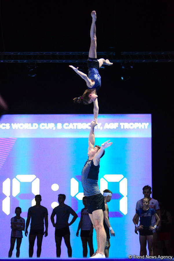 Bakıda akrobatika gimnastikası üzrə Dünya Kubokunda iştirak edəcək idmançıların podium məşqləri keçirilir (FOTO)