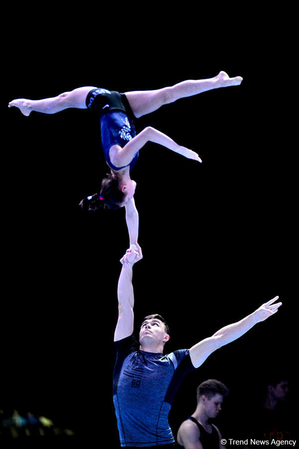 Bakıda akrobatika gimnastikası üzrə Dünya Kubokunda iştirak edəcək idmançıların podium məşqləri keçirilir (FOTO)