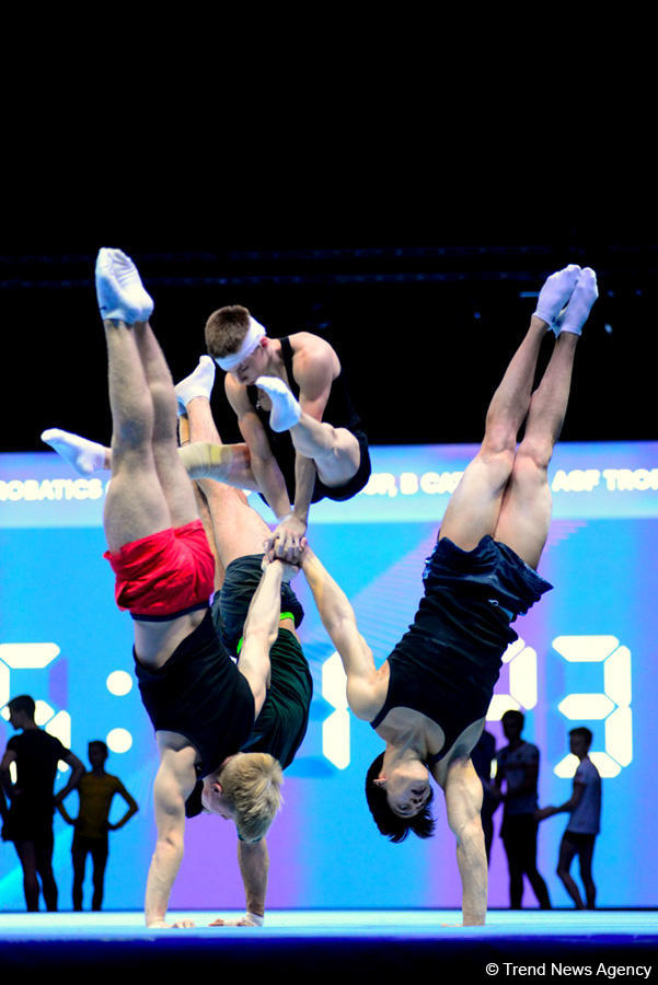 Bakıda akrobatika gimnastikası üzrə Dünya Kubokunda iştirak edəcək idmançıların podium məşqləri keçirilir (FOTO)