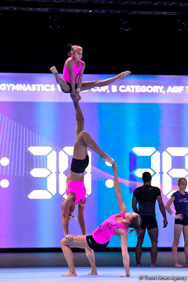 Bakıda akrobatika gimnastikası üzrə Dünya Kubokunda iştirak edəcək idmançıların podium məşqləri keçirilir (FOTO)