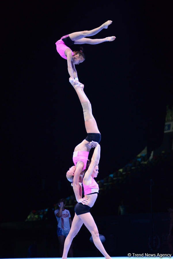 Bakıda akrobatika gimnastikası üzrə Dünya Kubokunda iştirak edəcək idmançıların podium məşqləri keçirilir (FOTO)