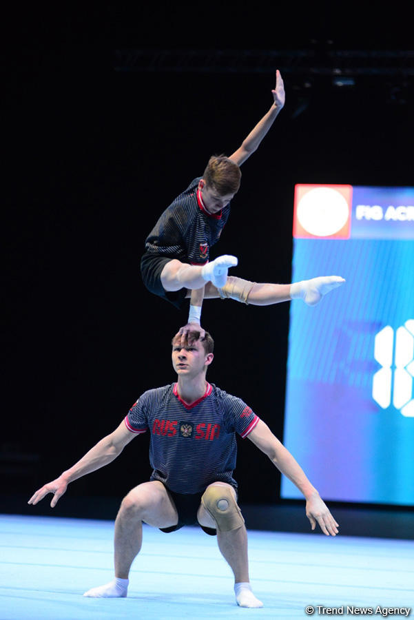 Bakıda akrobatika gimnastikası üzrə Dünya Kubokunda iştirak edəcək idmançıların podium məşqləri keçirilir (FOTO)
