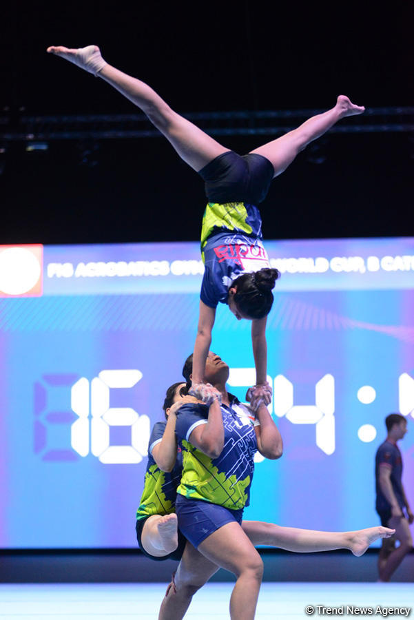 Bakıda akrobatika gimnastikası üzrə Dünya Kubokunda iştirak edəcək idmançıların podium məşqləri keçirilir (FOTO)