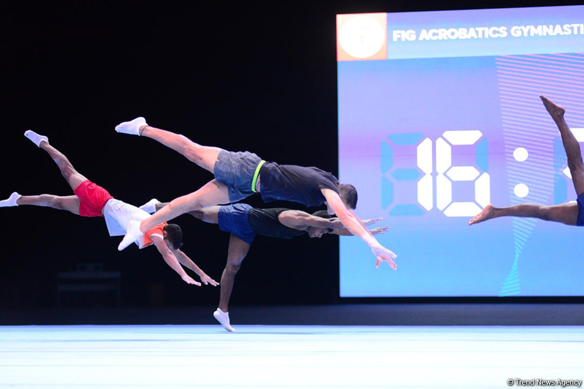 Bakıda akrobatika gimnastikası üzrə Dünya Kubokunda iştirak edəcək idmançıların podium məşqləri keçirilir (FOTO)