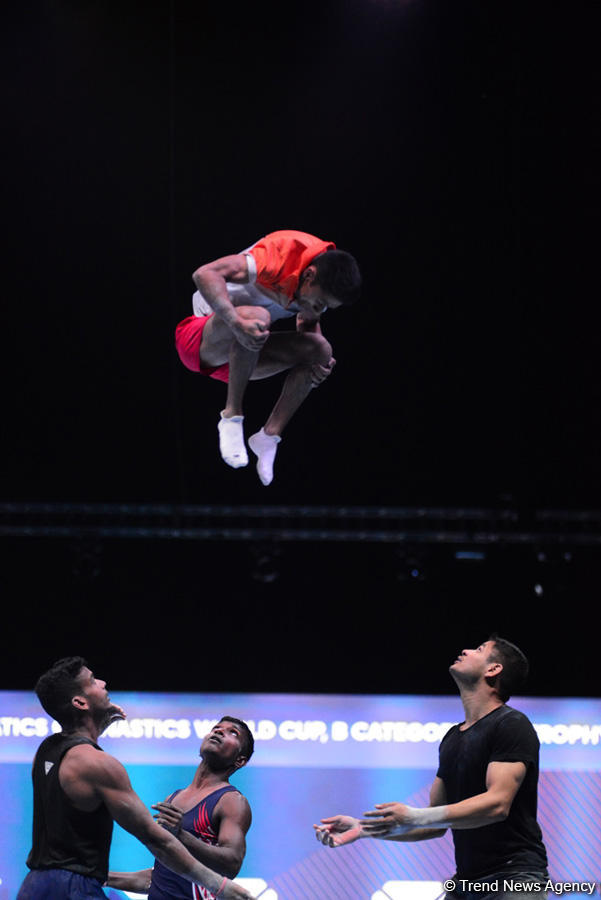 Bakıda akrobatika gimnastikası üzrə Dünya Kubokunda iştirak edəcək idmançıların podium məşqləri keçirilir (FOTO)