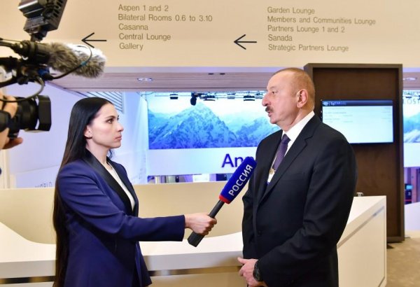 Prezident İlham Əliyev Davosda “Rossiya 1” televiziya kanalına müsahibə verib (FOTO)