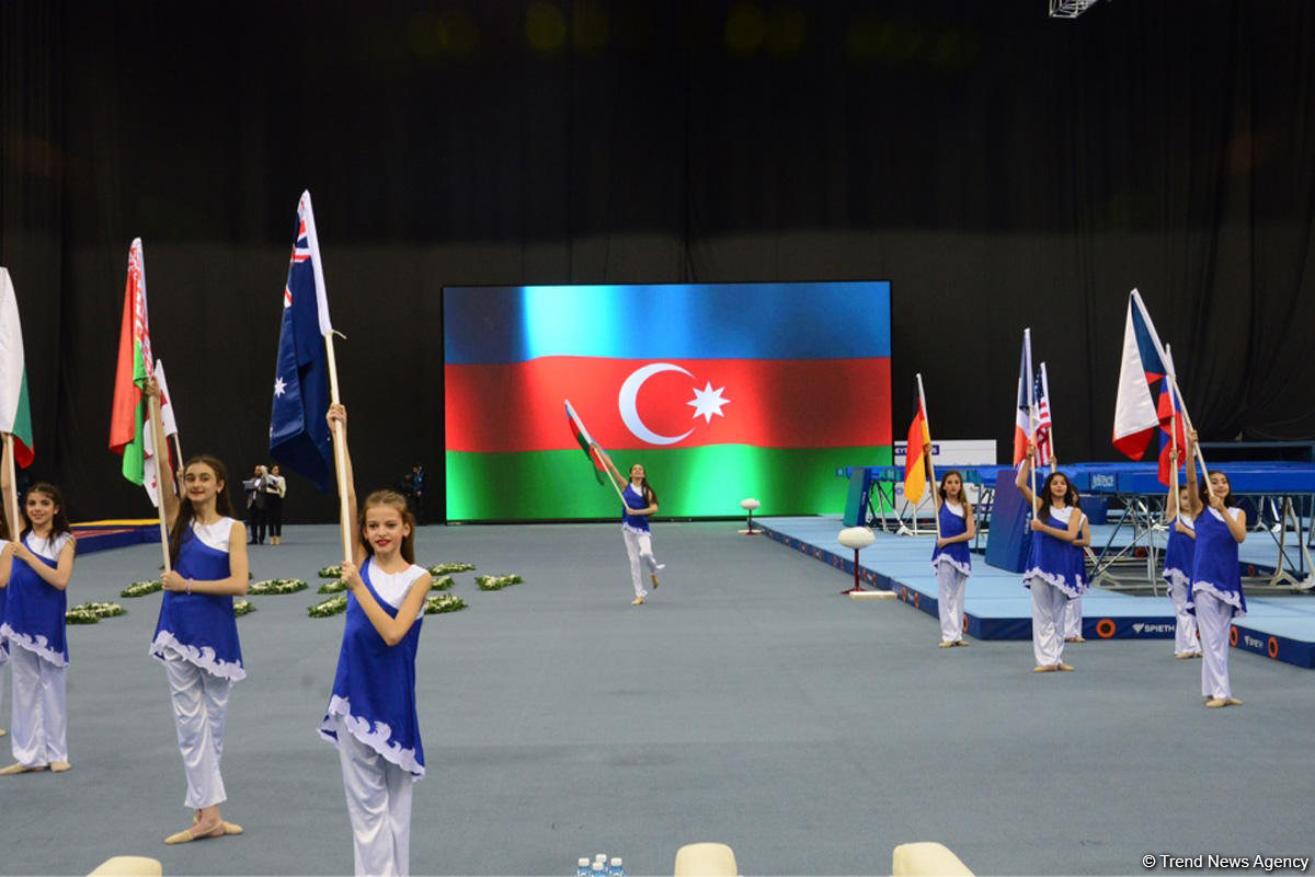 Milli Gimnastika Arenasında batut gimnastikası və tamblinq üzrə Dünya Kubokunun açılış mərasimi keçirilib (FОТО)