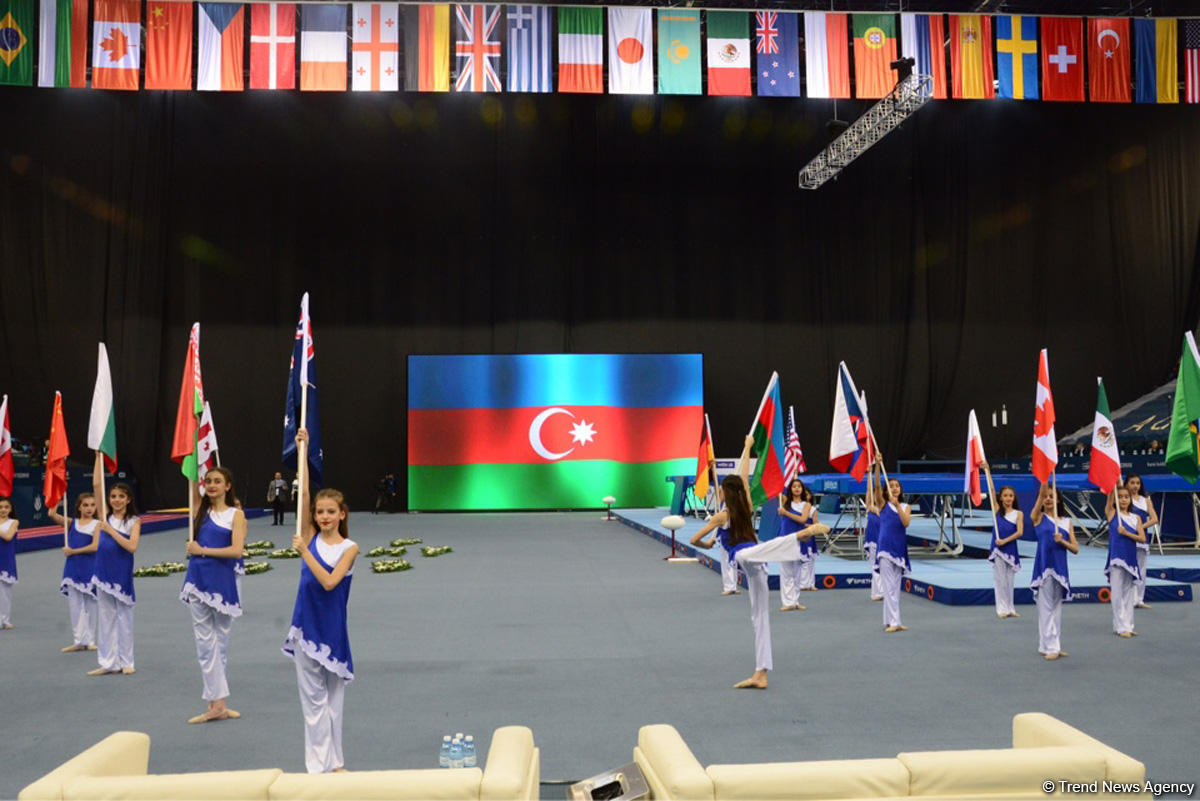 Milli Gimnastika Arenasında batut gimnastikası və tamblinq üzrə Dünya Kubokunun açılış mərasimi keçirilib (FОТО)