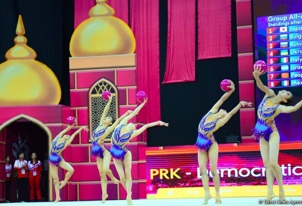 Milli Gimnastika Arenasında dünya çempionatı çərçivəsində qrup hərəkətlərdə komanda yarışları davam edir (FOTO)