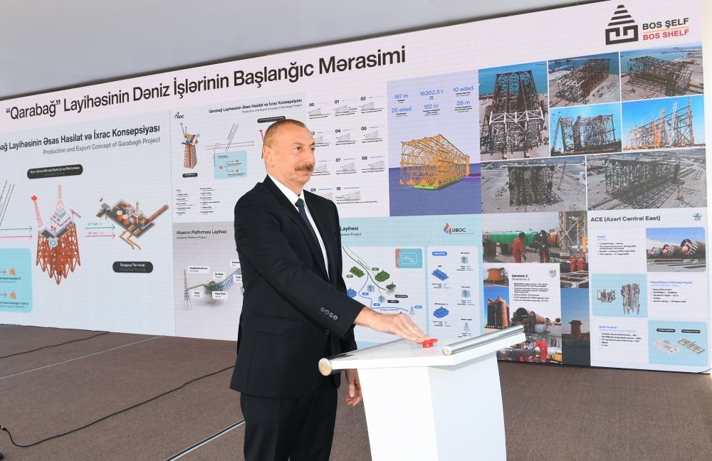 Prezident İlham Əliyev “Qarabağ” yatağının dayaq blokunun dənizə yola salınması mərasimində iştirak edib (FOTO/VİDEO) (YENİLƏNİB 2)