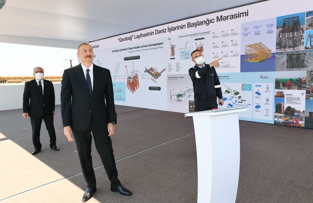 Prezident İlham Əliyev “Qarabağ” yatağının dayaq blokunun dənizə yola salınması mərasimində iştirak edib (FOTO/VİDEO) (YENİLƏNİB 2)