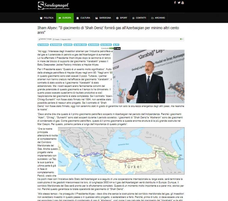 İtaliya mətbuatı Prezident İlham Əliyevin “Qarabağ” yatağının dayaq blokunun dənizə yola salınması mərasimindəki fikirlərinə geniş yer ayırıb
