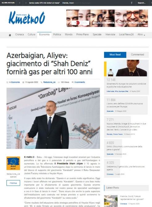 İtaliya mətbuatı Prezident İlham Əliyevin “Qarabağ” yatağının dayaq blokunun dənizə yola salınması mərasimindəki fikirlərinə geniş yer ayırıb