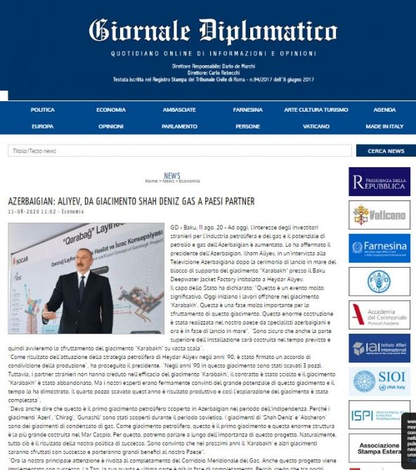 İtaliya mətbuatı Prezident İlham Əliyevin “Qarabağ” yatağının dayaq blokunun dənizə yola salınması mərasimindəki fikirlərinə geniş yer ayırıb