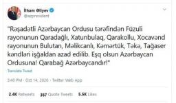 Prezident İlham Əliyev: Füzuli və Xocavənd rayonlarının bir neçə kəndləri işğaldan azad edilib