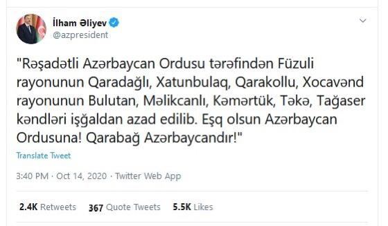 Prezident İlham Əliyev: Füzuli və Xocavənd rayonlarının bir neçə kəndləri işğaldan azad edilib