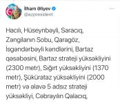 Prezident İlham Əliyev 48 kəndin, bir qəsəbə və strateji yüksəkliklərin işğaldan azad olunduğunu elan etdi