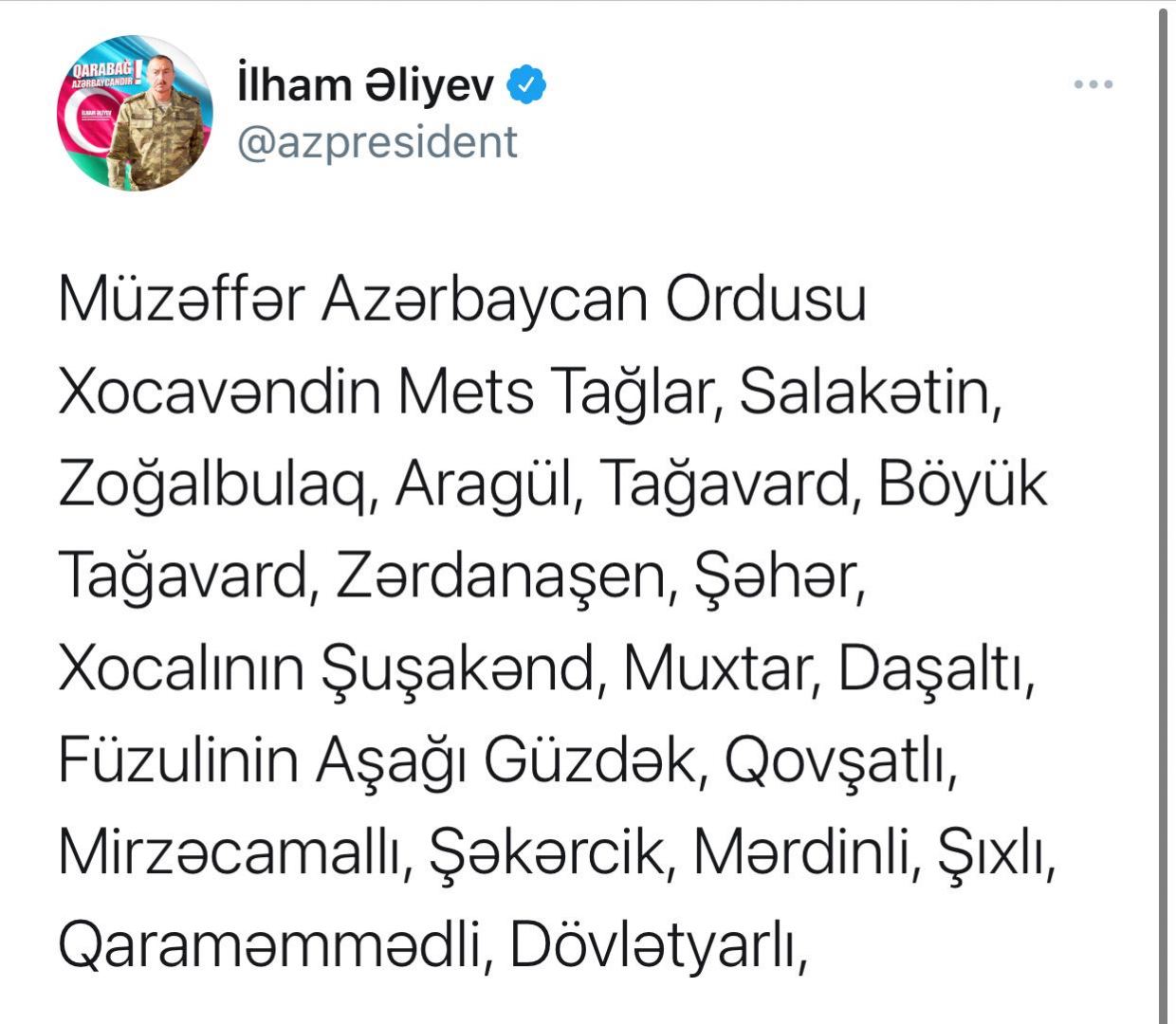 Prezident İlham Əliyev 48 kəndin, bir qəsəbə və strateji yüksəkliklərin işğaldan azad olunduğunu elan etdi