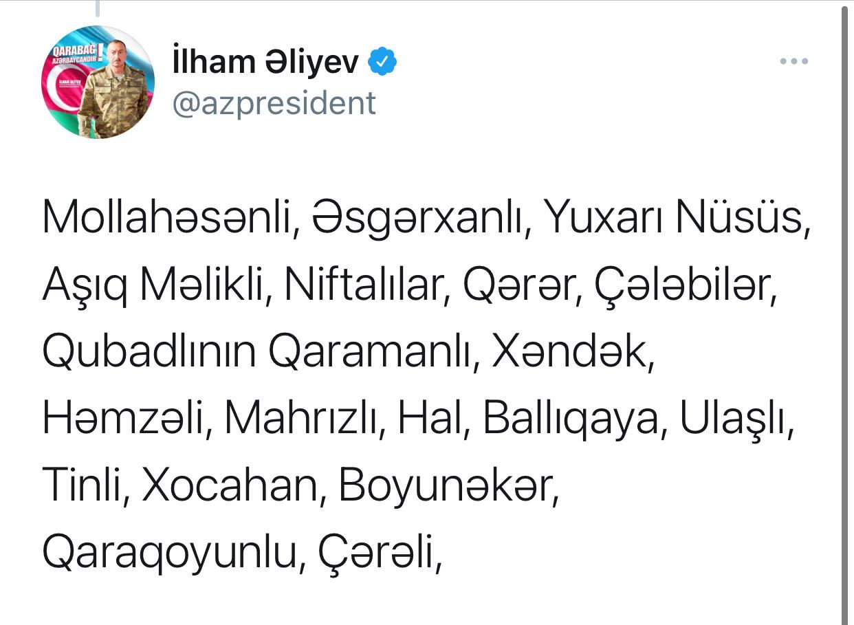 Prezident İlham Əliyev 48 kəndin, bir qəsəbə və strateji yüksəkliklərin işğaldan azad olunduğunu elan etdi