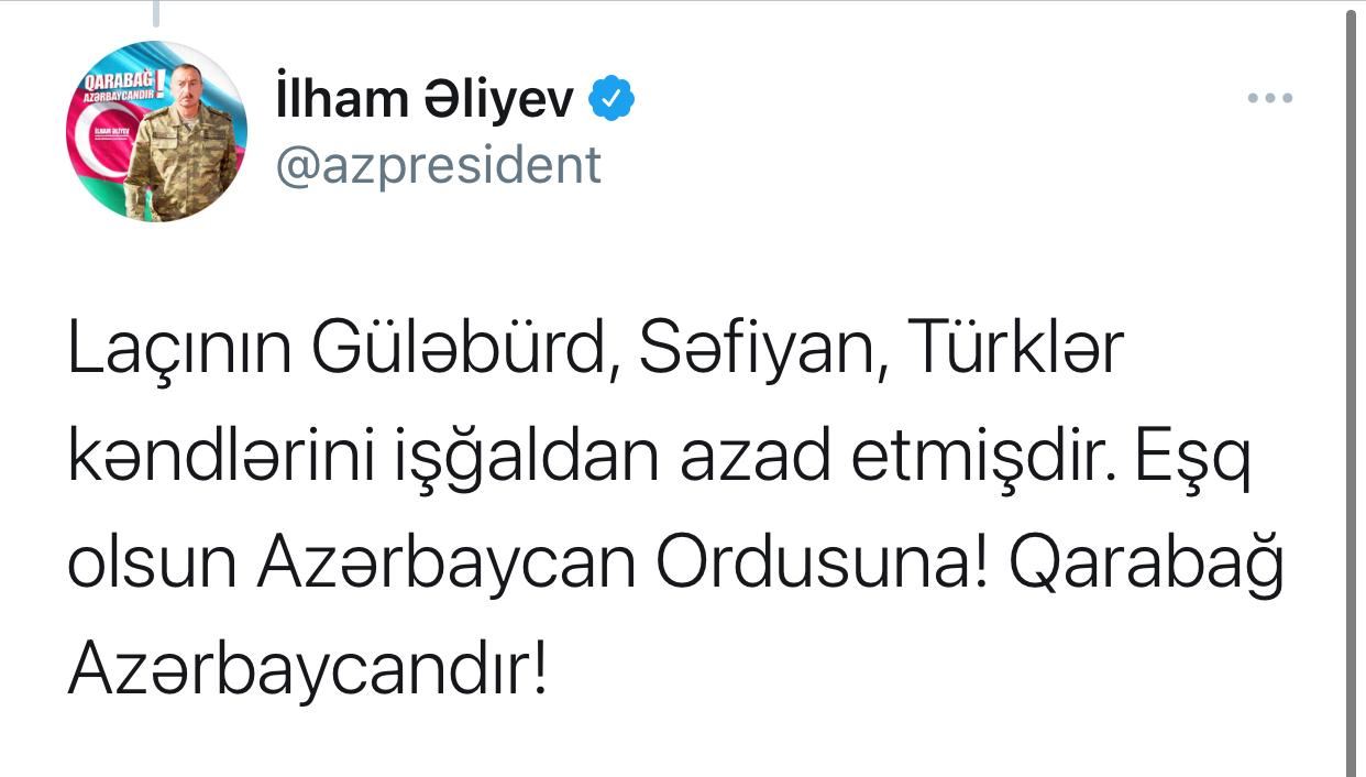 Prezident İlham Əliyev 48 kəndin, bir qəsəbə və strateji yüksəkliklərin işğaldan azad olunduğunu elan etdi