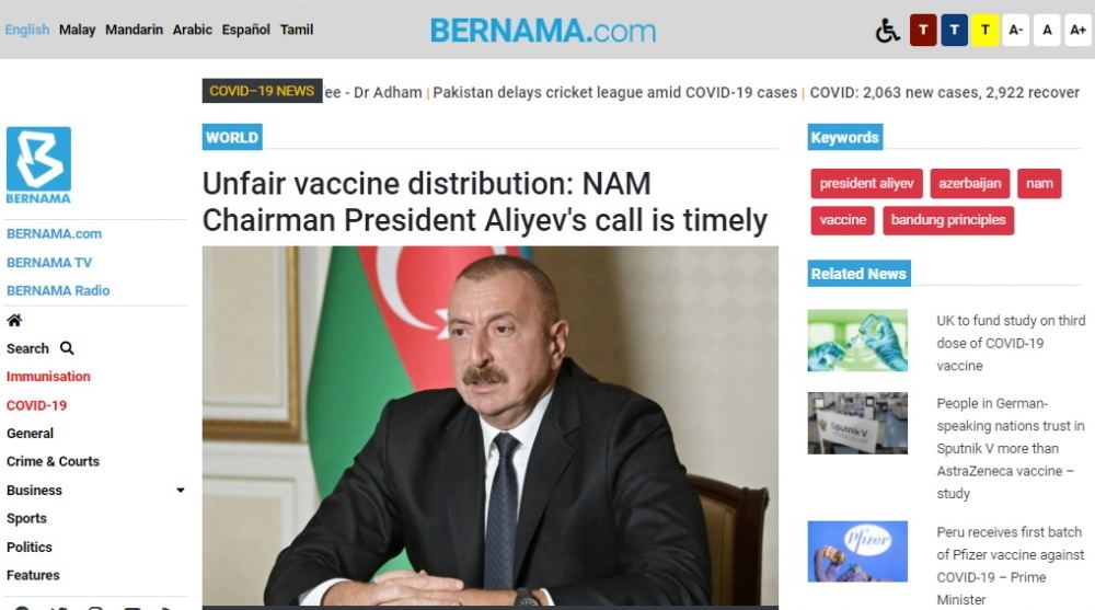 BERNAMA agentliyi: Qoşulmama Hərəkatının sədri İlham Əliyev peyvəndin ədalətsiz bölgüsü ilə bağlı vaxtında çağırış edir