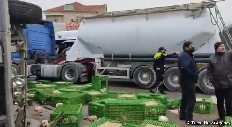 Bakıda yük maşını aşdı, toyuqlar yola töküldü (FOTO)