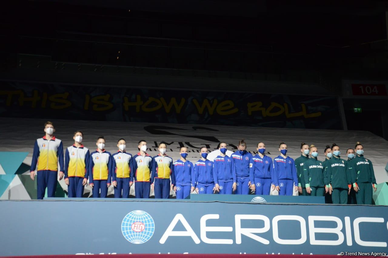 Aerobika gimnastikası üzrə Dünya Yaş Qrupları Yarışlarında qrup hərəkətlərdə və aerodans proqramında qaliblər mükafatlandırılıb (FOTO)