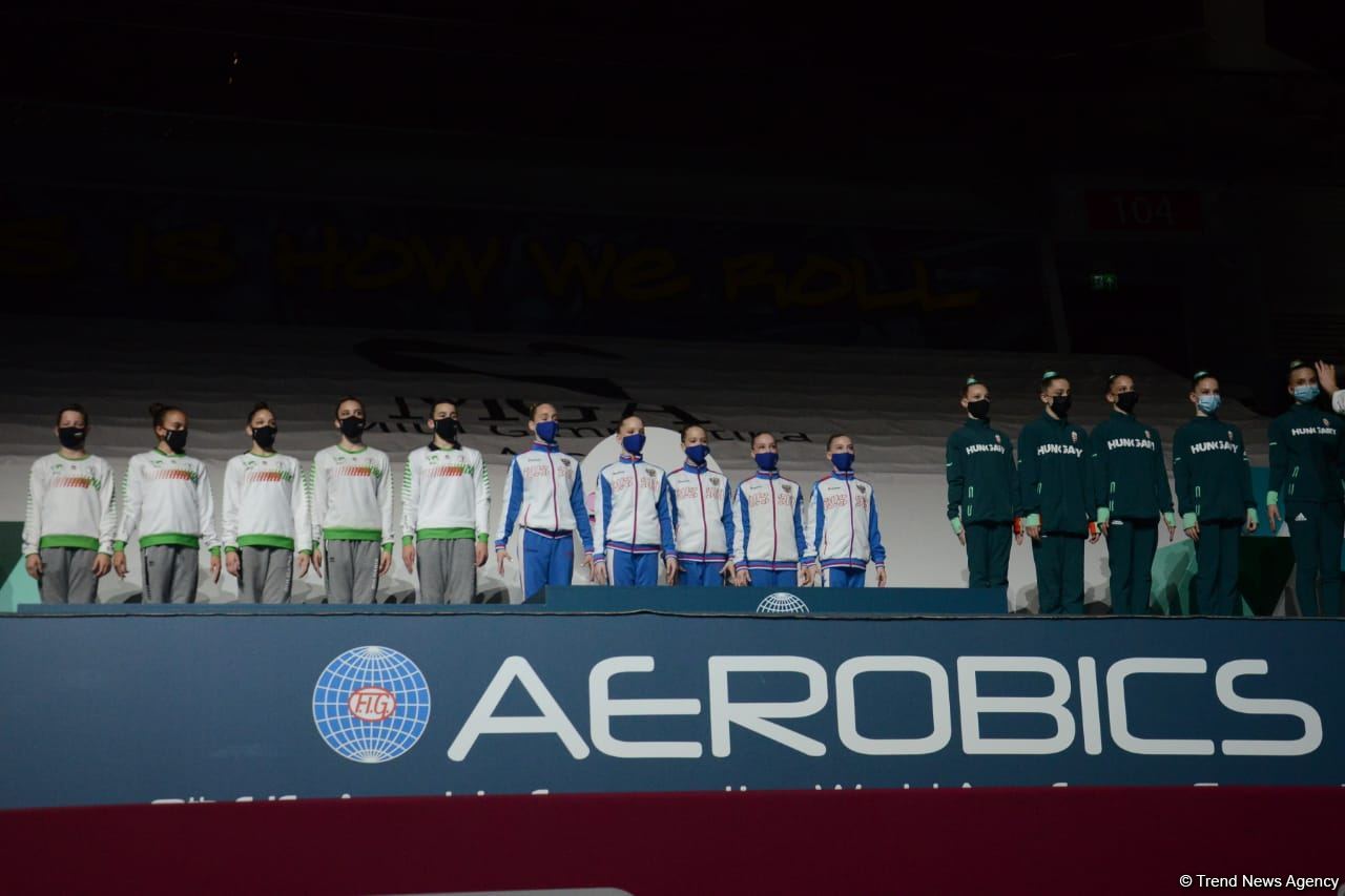 Aerobika gimnastikası üzrə Dünya Yaş Qrupları Yarışlarında qrup hərəkətlərdə və aerodans proqramında qaliblər mükafatlandırılıb (FOTO)