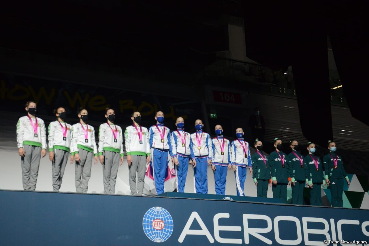 Aerobika gimnastikası üzrə Dünya Yaş Qrupları Yarışlarında qrup hərəkətlərdə və aerodans proqramında qaliblər mükafatlandırılıb (FOTO)