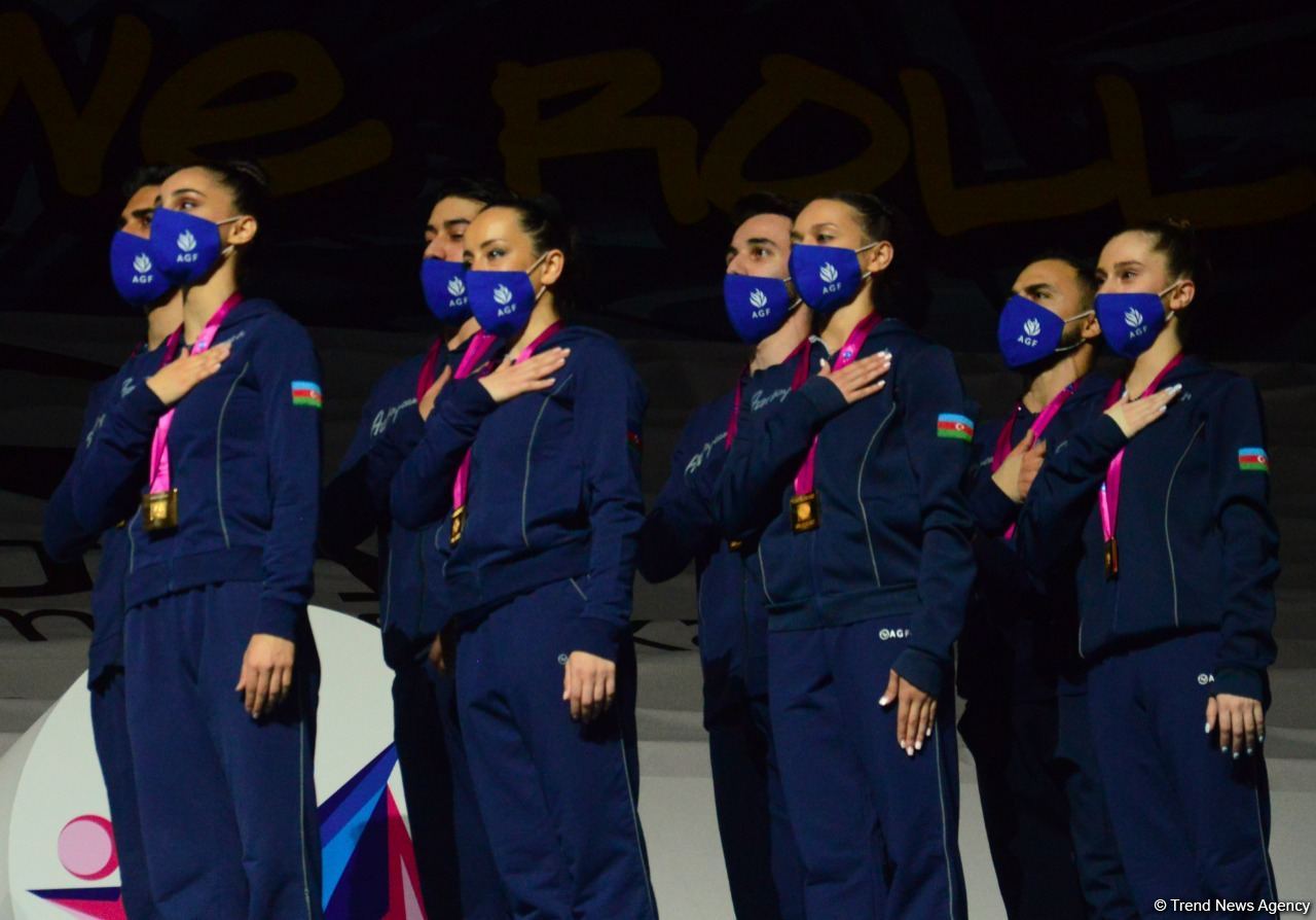 Aerobika gimnastikası üzrə dünya çempionatında qrup hərəkətlərində və aerodans proqramında qaliblər mükafatlandırılıb (FOTO)