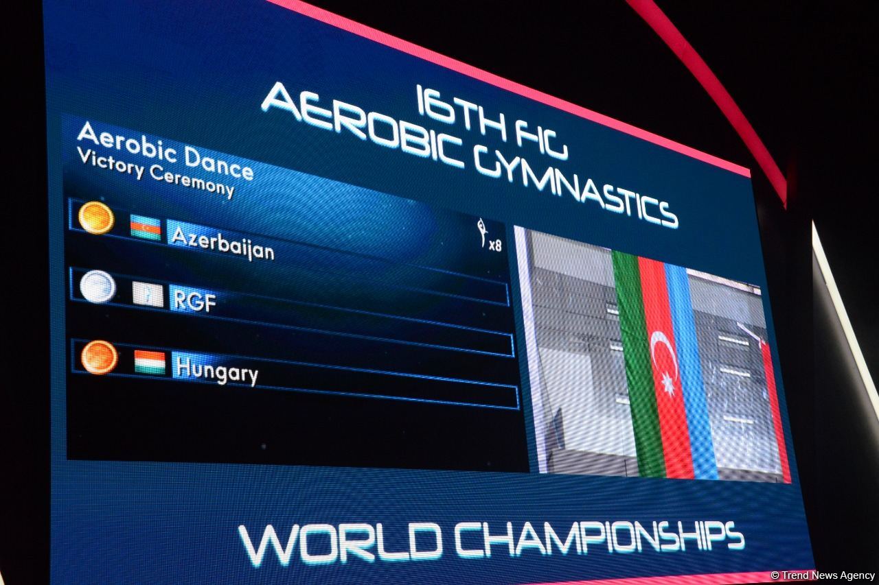 Aerobika gimnastikası üzrə dünya çempionatında qrup hərəkətlərində və aerodans proqramında qaliblər mükafatlandırılıb (FOTO)