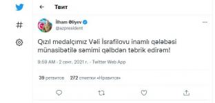 Prezident İlham Əliyev “Tokio-2020” Yay Paralimpiya Oyunlarında qızıl medal qazanan idmançımızı təbrik edib